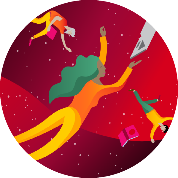 Red background with people floating in space