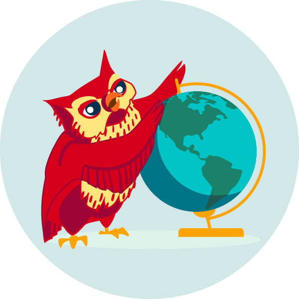 Blue background with a red owl looking at a globe