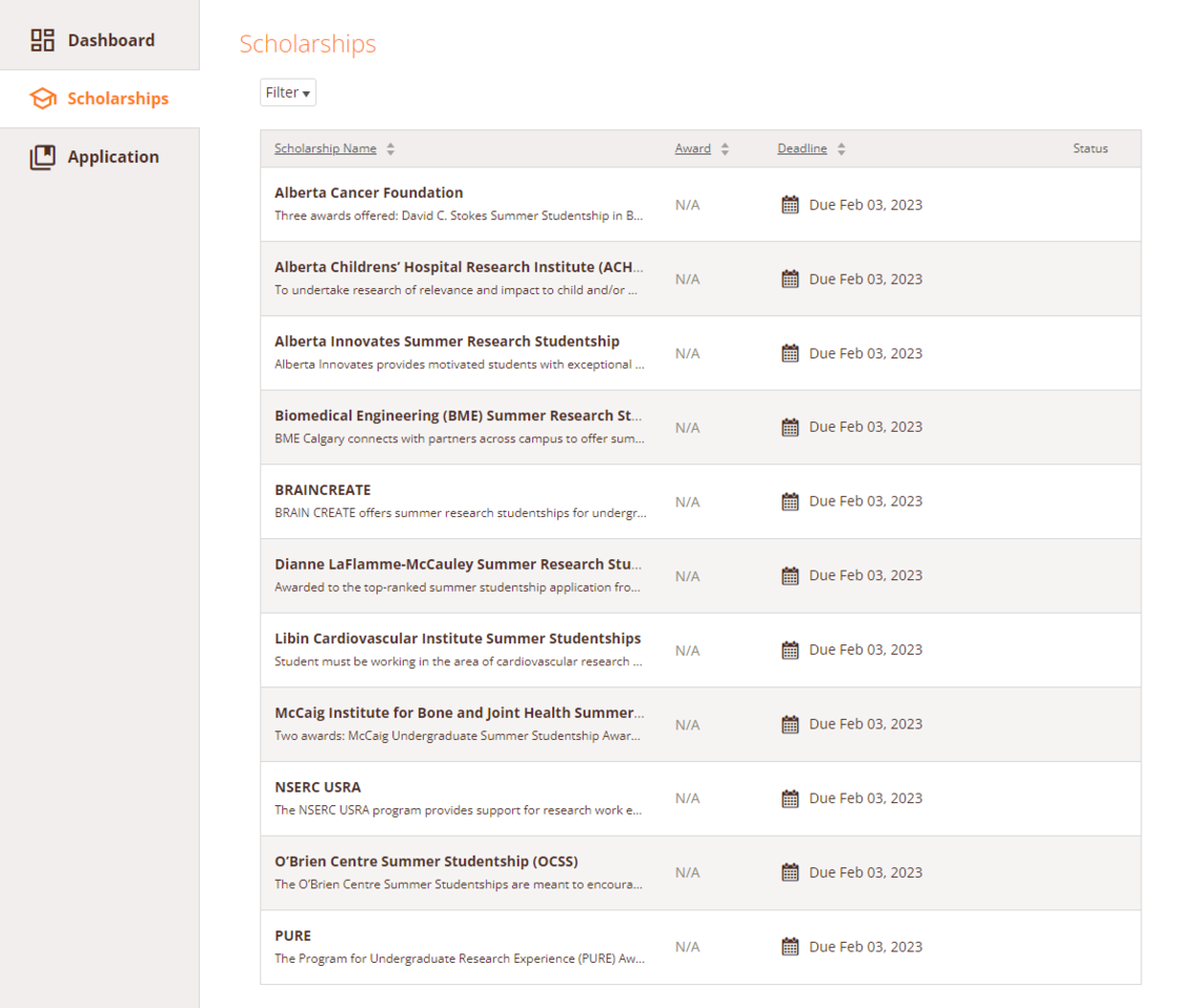 Screenshot of the list of awards under the scholarship tab.