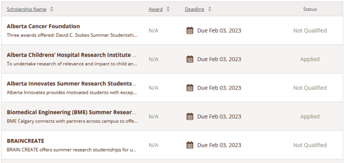 Screenshot of the scholarships tab indicating status of the application.