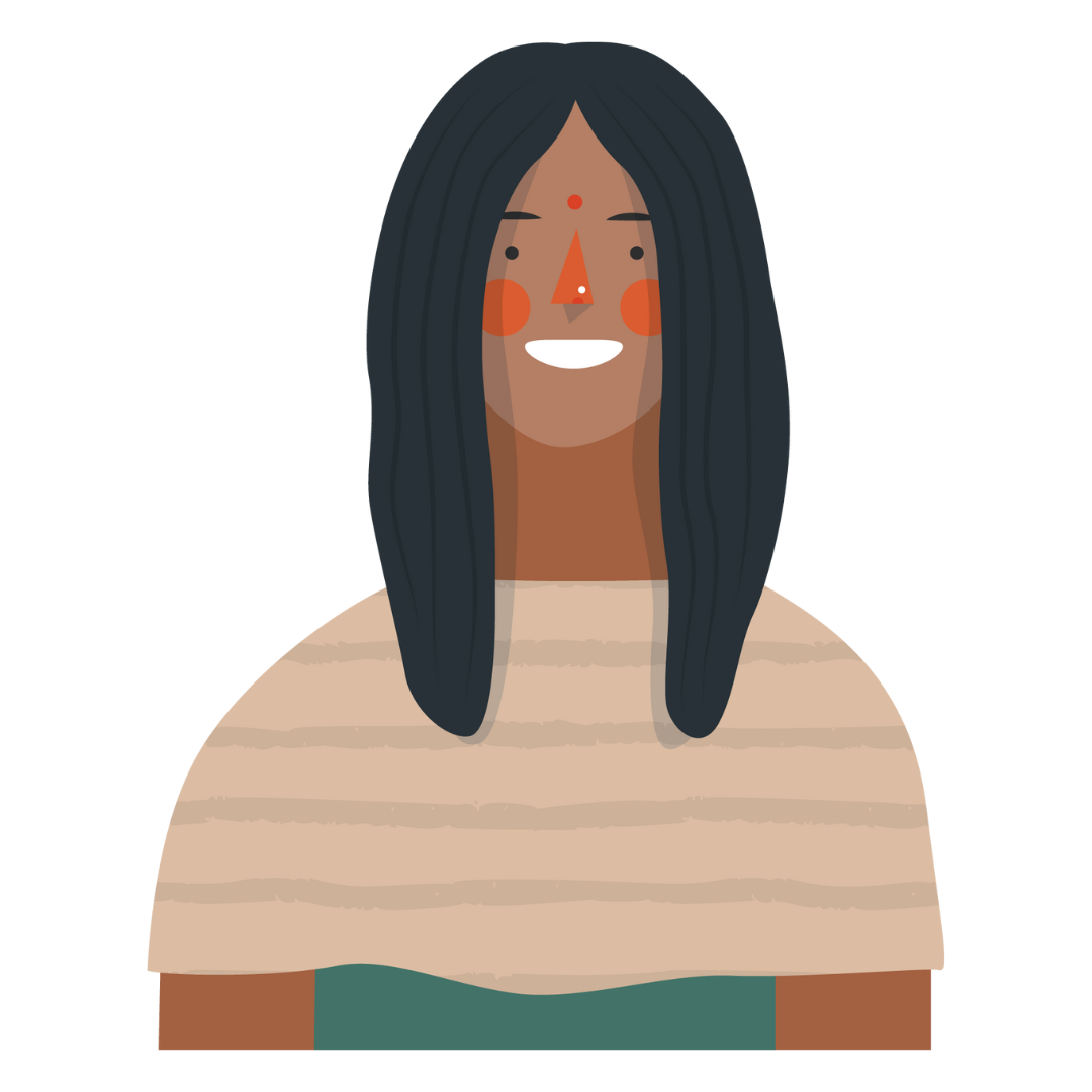 Illustration of a brown person with dark hair and a red dot on their forehead.