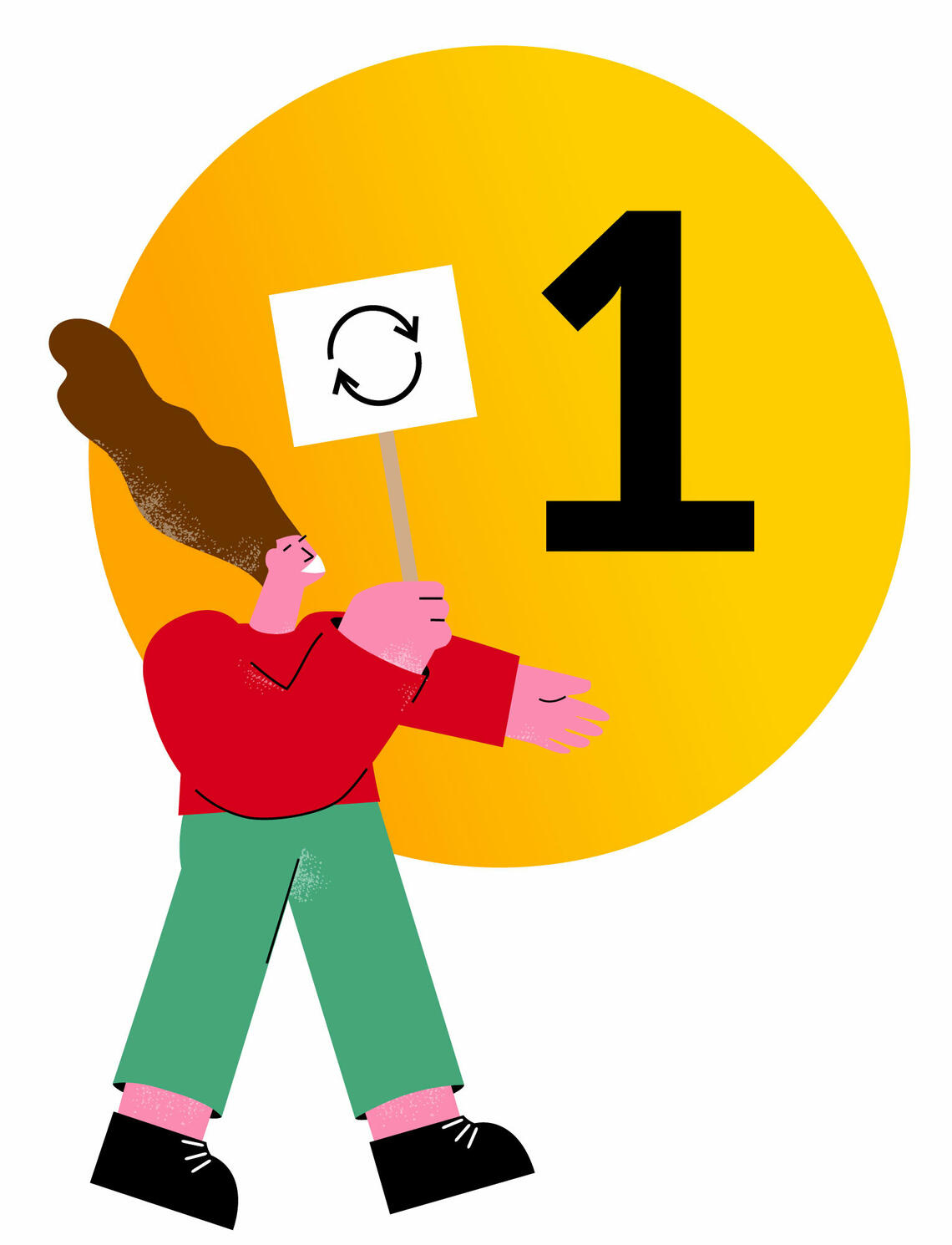 Section one. An illustration of a person holding a cycle sign with a one in a circle behind them.