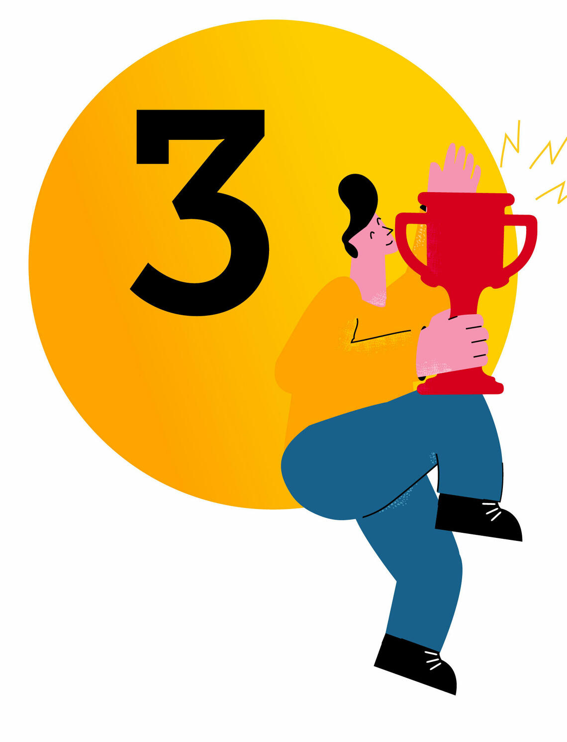 Section three. An illustration of a person holding a trophy with a circle and a three behind them.