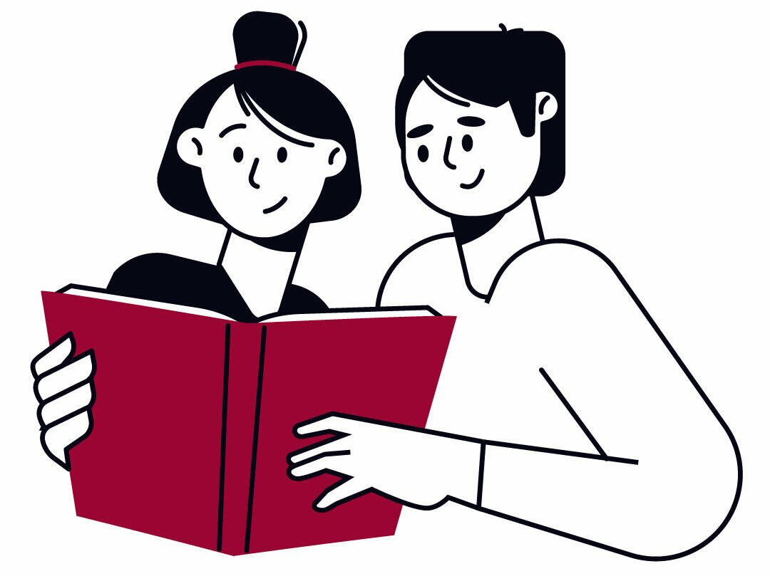 An illustration of a two people reading a book together.