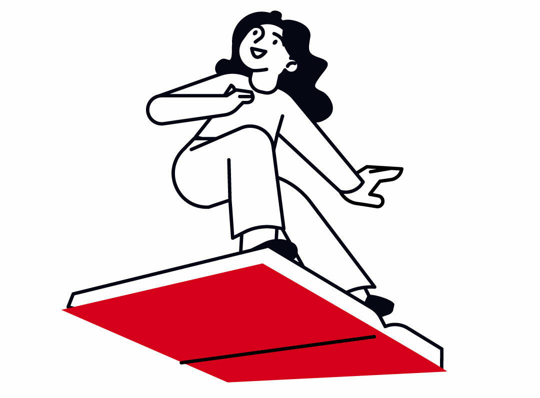 An illustration of a person riding a book like a skateboard.