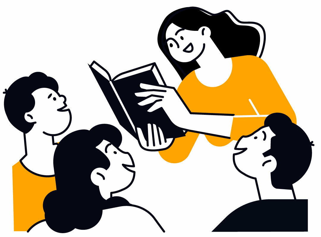 An illustration of a person reading a book to some students.