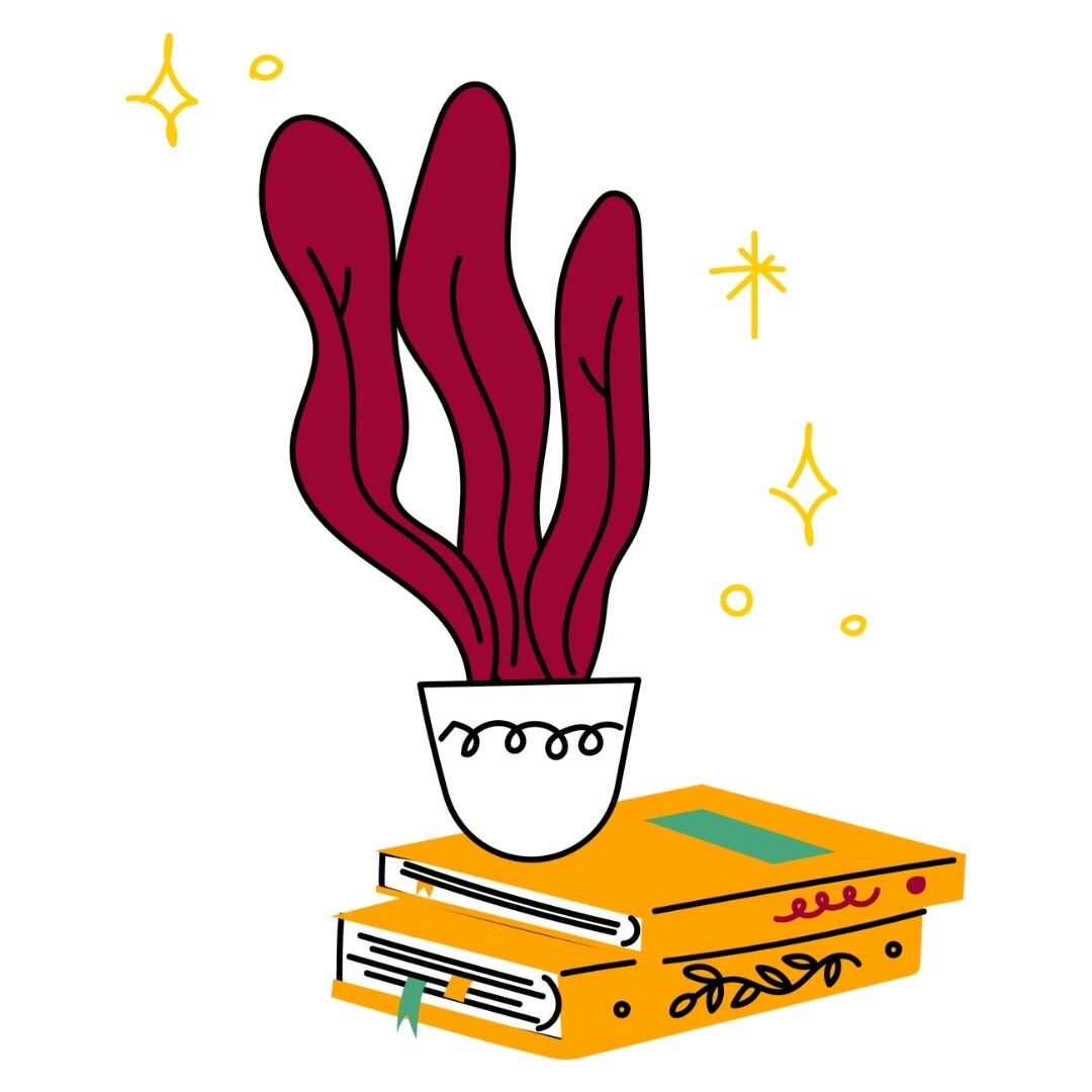 Illustration of a potted plant on a stack of books.