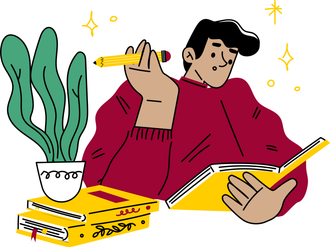 Illustration of a person with short dark hair studying an open book and holding a pencil.