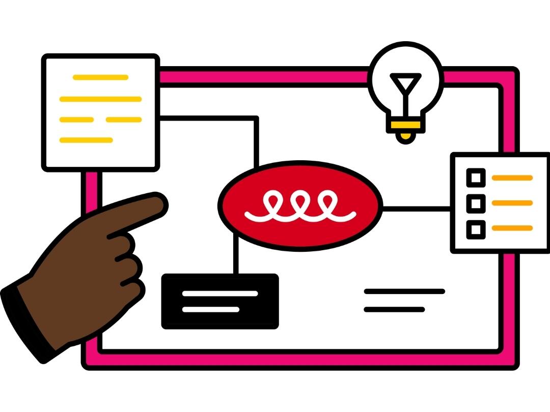 A brown hand points to a page with charts and graphs on it.