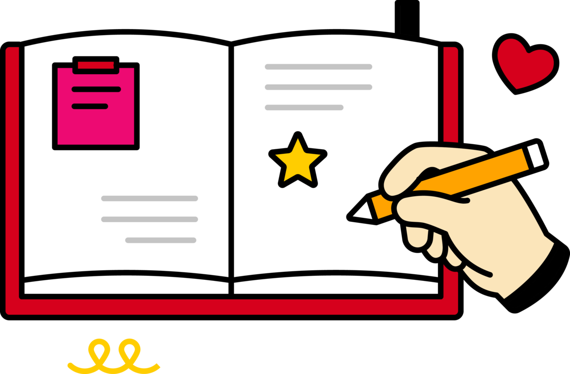 A hand writing in a notebook with a sticky note and star.