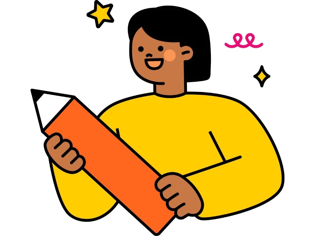 A person with brown skin holding a large pencil and smiling. 