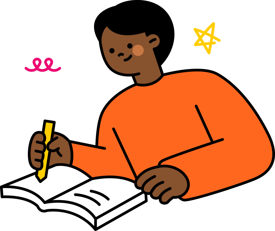 Illustration of a Black person writing in a notebook.