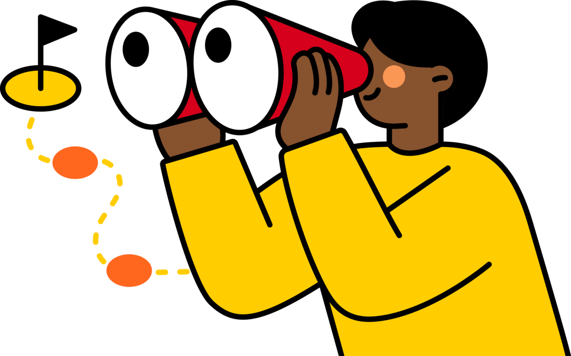 Illustration of a person looking through binoculars with a flag in the background.