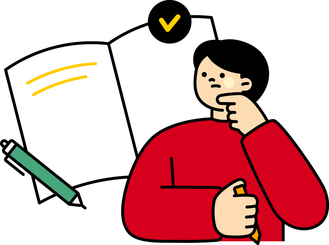 An illustration of a white person pondering in front of a journal with a pen.