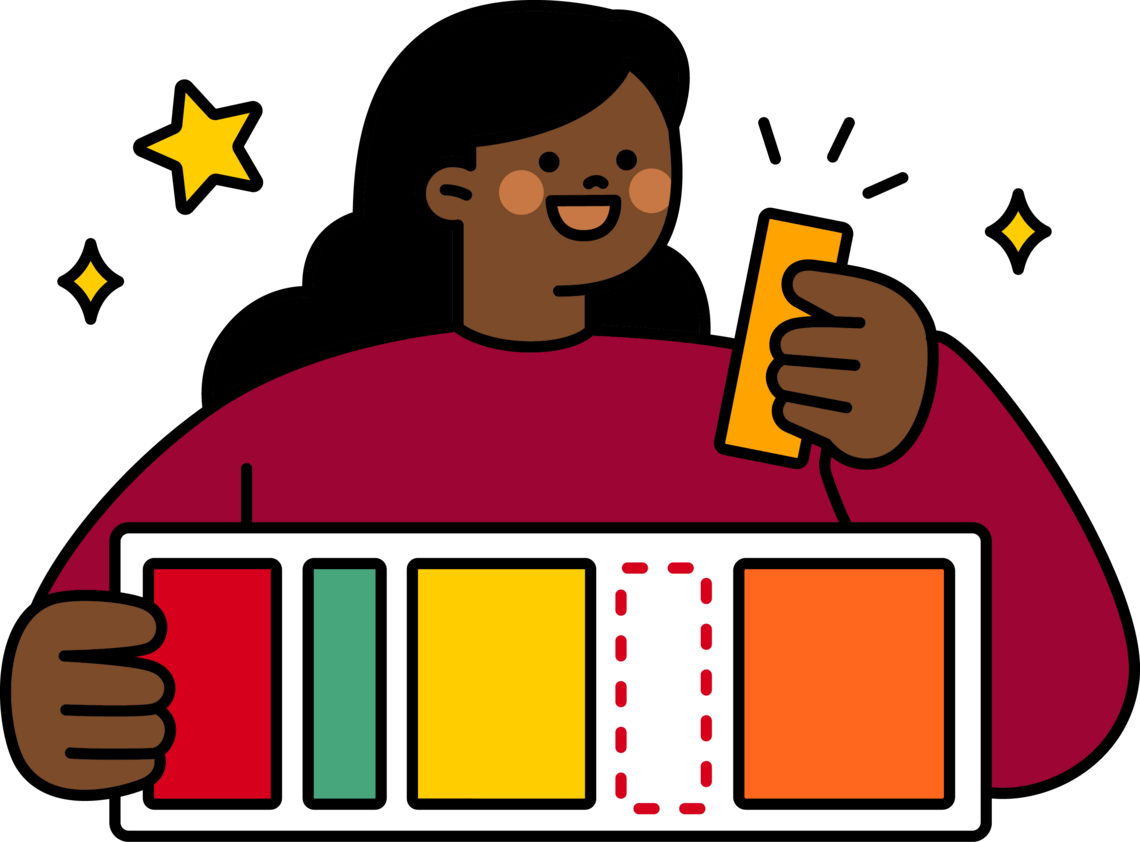 Illustration of a Black woman holding a rectangle out of sequence of rectangles.