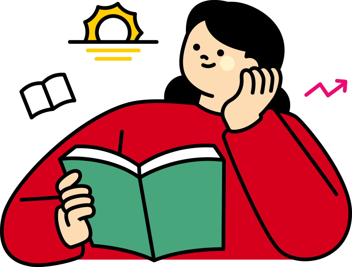 Illustration of a white person learning on their hand with an open book looking thoughtful.