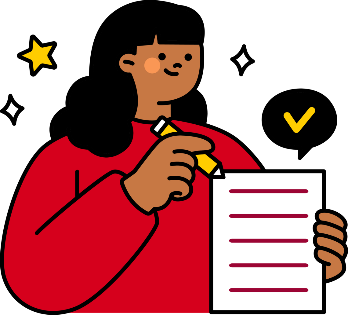 Illustration of a person with brown skin holding a pencil and paper with a checklist.