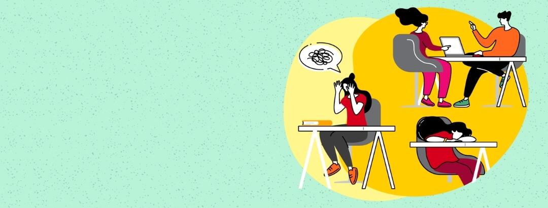 Illustration of students taking tests at desks and looking stressed.