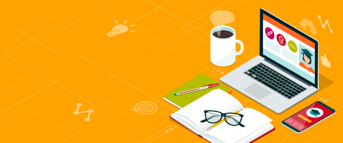 A graphic of a computer and a cup of coffee