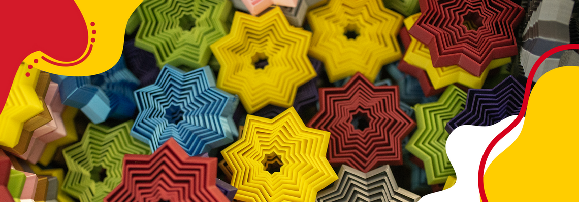 A graphic overlaps coloured shapes, symbols and lines 