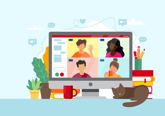 Blue background with computer screen depicting a group interacting over a video conference platform.