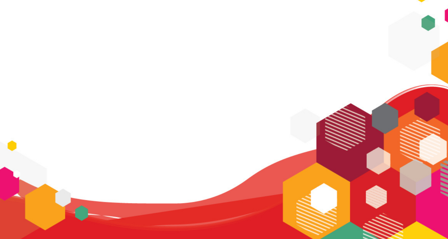 White background with multi-coloured hexagons on a red wave