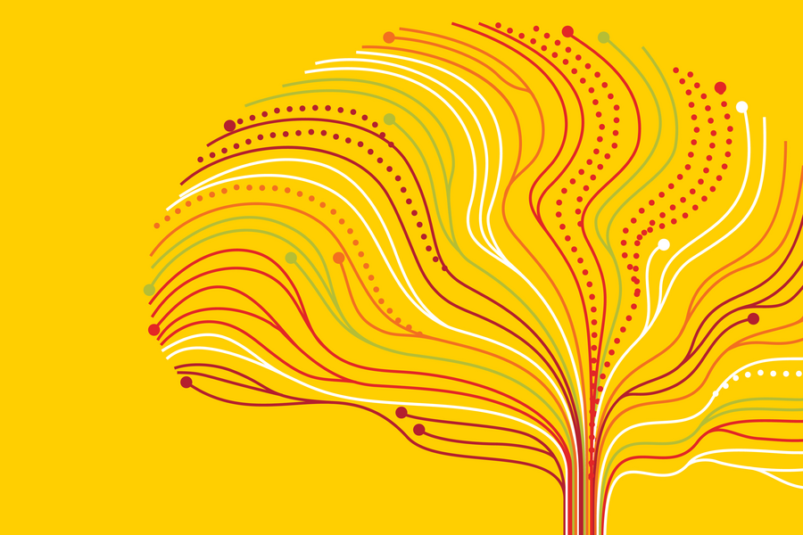 multi coloured brain graphic on a yellow background
