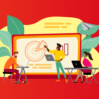 Red background with illustration of people interacting with learning technology