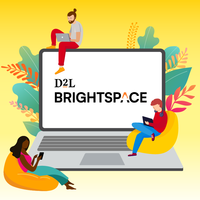 Yellow background with illustration of students working on around a laptop that has the D2L Brightspace logo.