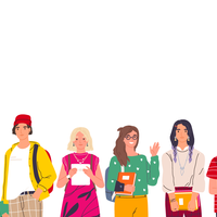 White background with a line of diverse students standing across the horizon