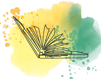 White background with yellow and teal watercolour splashes and the outline of a laptop with a book on it.