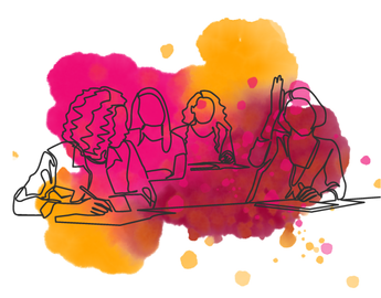 White background with red, gold and pink watercolour marks and the outline of a group of students working on a laptop together.