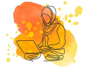 White background with gold and orange watercolour marks and the outline of a female student working on a laptop.