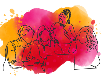 White background with red, gold and pink watercolour marks and the outline of a group of students working on a laptop together.