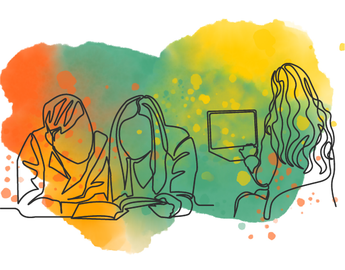 White background with orange, gold and teal watercolour marks and the outline of two students looking at a book together and a girl working on a laptop by herself.