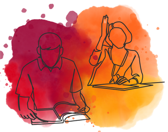 White background with gold and orange watercolour marks and the outline of two students in a classroom setting.