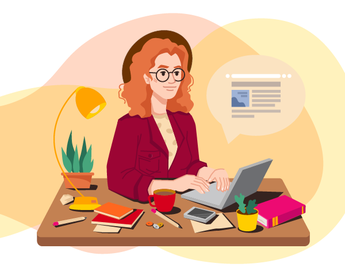 Graphic of a woman sitting at a desk working on a laptop