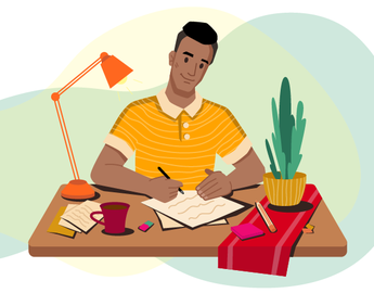 Graphic of a male sitting at a desk writing on paper.