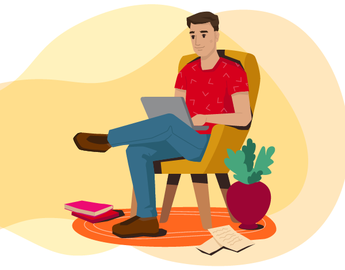 Graphic of a male sitting in a chair, working on a laptop.