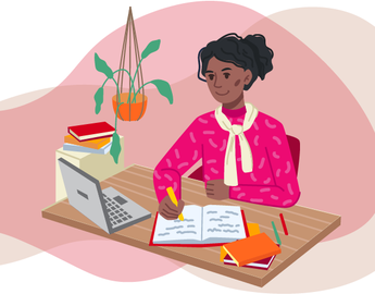Graphic of a Black woman working at a desk with a laptop and a notebook.