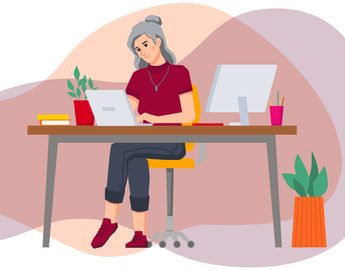 Graphic of woman with grey hair sitting at a desk working on a computer