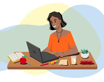 Graphic of a woman sitting at a desk with a laptop open.