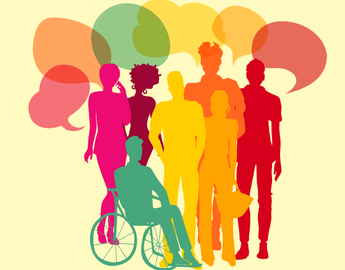 A group of silhouetted people in front of a pale yellow background with coloured, empty speech bubbles over their heads. 