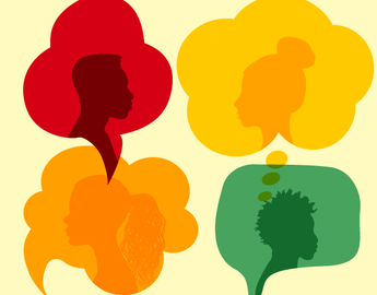 Colourful silhouettes of people in different coloured thought and speech bubbles, on a pale yellow background.