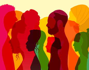 Colourful silhouettes of several people passing by each other, in front of a pale yellow background.