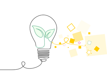 Drawing of a lightbulb with yellow squares floating around it